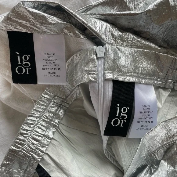 Igor Dobranic Two-Piece Linen Carlos Harrison Metallic Silver White Pant Set S - Picture 7 of 8